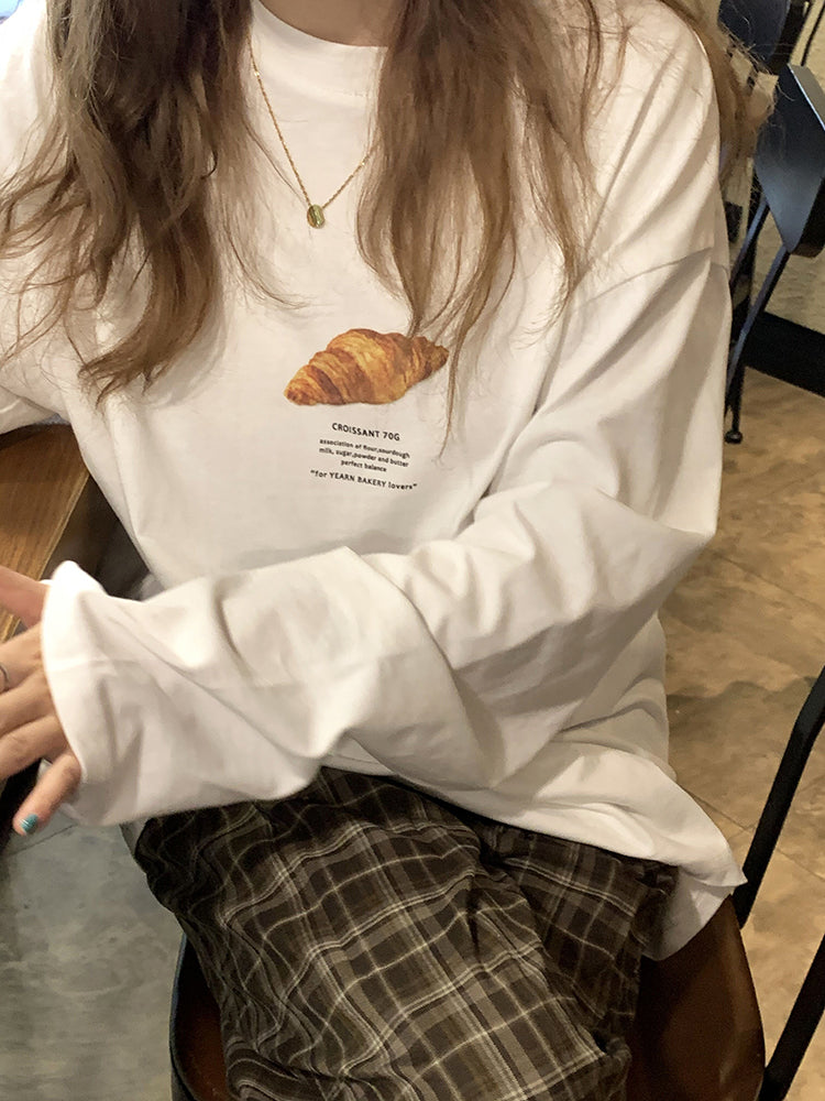 2022 가을 빵 패턴 프린트 긴팔 티셔츠 여성