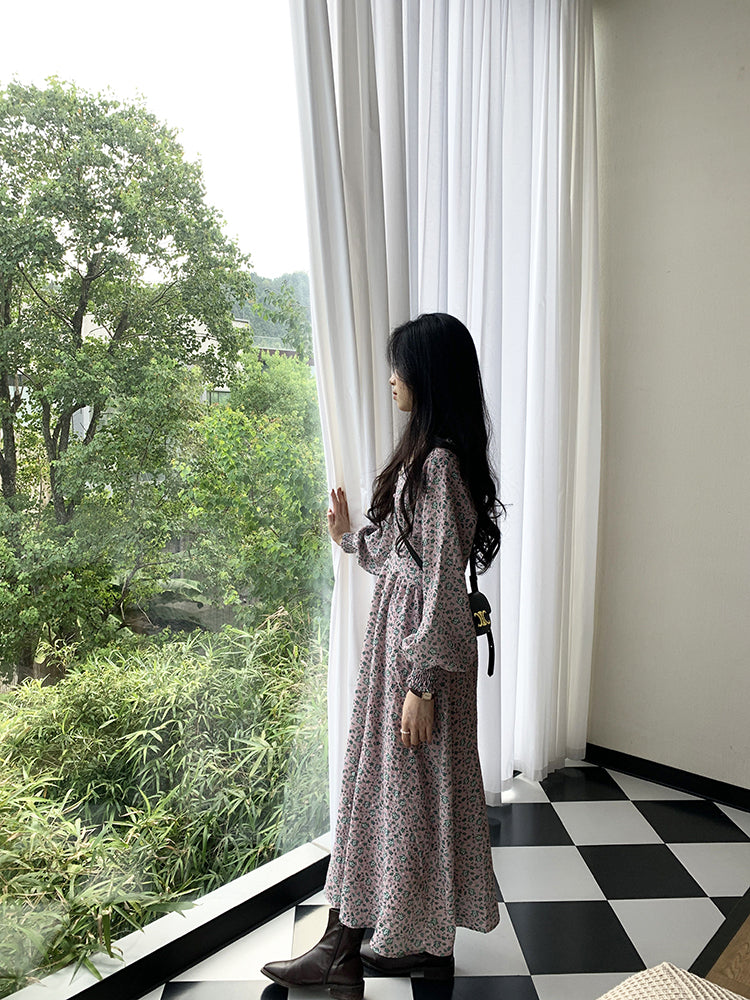 2022 가을 하이 웨이스트 디자인 작은 꽃 드레스 여성